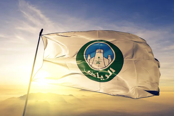 Riyadh City Bandera Tela Tela Ondeando Niebla Niebla Salida Del — Foto de Stock