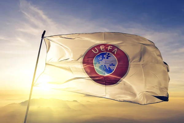 Unión Asociaciones Europeas Fútbol Tela Tela Bandera Uefa Ondeando Niebla —  Fotos de Stock