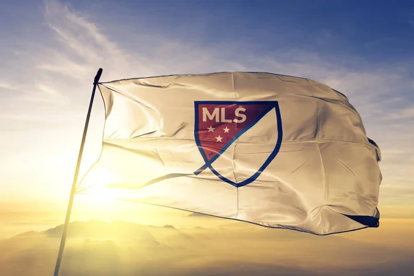 Mls Major League Soccer Logotipo Bandera Tela Tela Ondeando Niebla —  Fotos de Stock