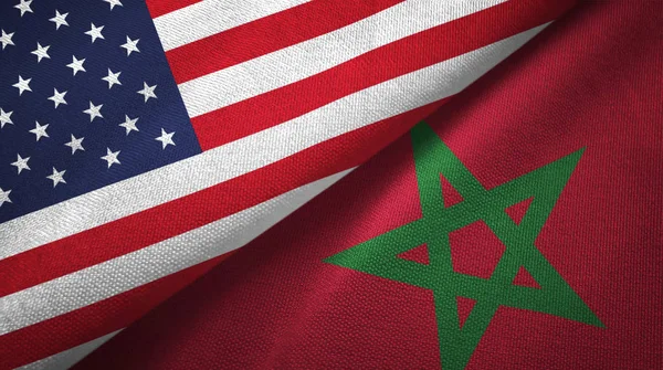 United States and Morocco flags together textile cloth, fabric texture