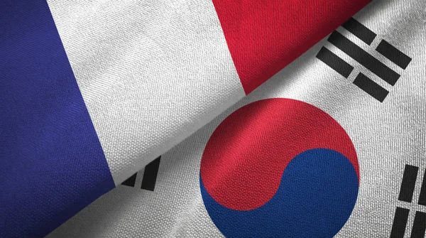 Francia Corea Del Sud Bandiere Insieme Relazioni Stoffa Tessile Trama — Foto Stock