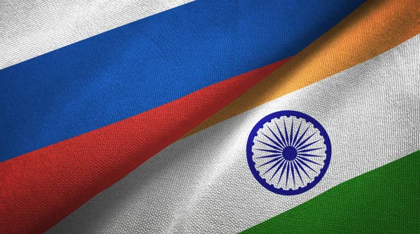 Russia India Flags Together Relations Textile Cloth Fabric Texture — Stock Photo, Image