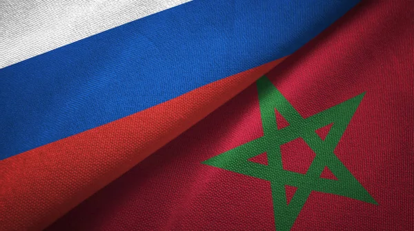 Rusland Marokko Vlaggen Samen Betrekkingen Textiel Doek Stof Textuur — Stockfoto