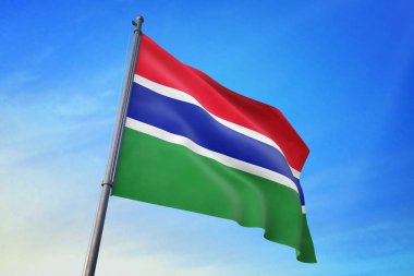 Gambiya bayrak mavi gökyüzü rüzgarda sallayarak