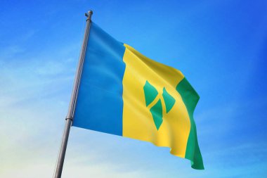 Saint Vincent ve Grenadinler bayrak mavi gökyüzü rüzgarda sallayarak