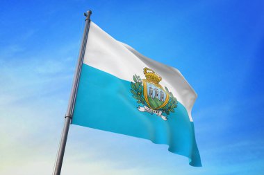 San Marino bayrak mavi gökyüzü rüzgarda sallayarak
