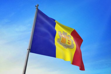 Mavi gökyüzü rüzgarda sallayarak Andorra bayrağı