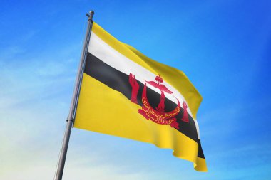 Brunei Darussalam bayrak mavi gökyüzü rüzgarda sallayarak