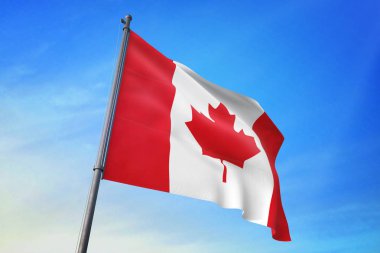 Mavi gökyüzü rüzgarda sallayarak Kanada bayrağı