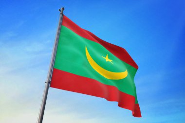 Moritanya bayrak mavi gökyüzü rüzgarda sallayarak