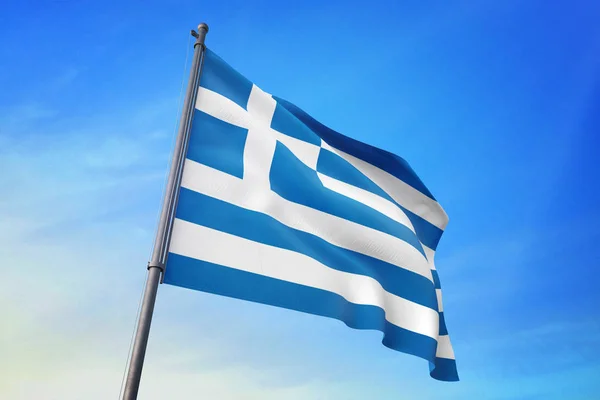 希腊国旗在蓝天上随风飘扬 — 图库照片