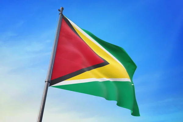 Guyana Vlag Zwaaien Blauwe Lucht Wind — Stockfoto