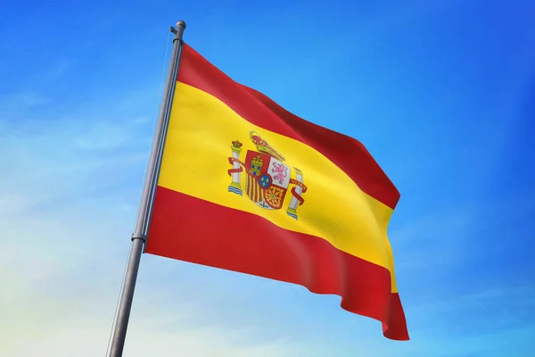 Bandera España Ondeando Sobre Cielo Azul Viento — Foto de Stock