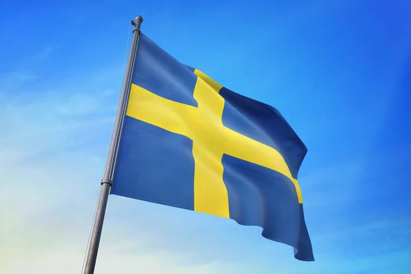 Sverige Flagga Vajande Den Blå Himlen Vinden — Stockfoto