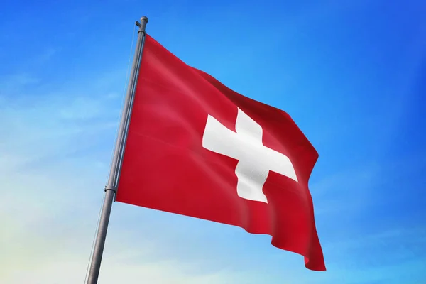 Zwitserland Vlag Zwaaien Blauwe Lucht Wind — Stockfoto