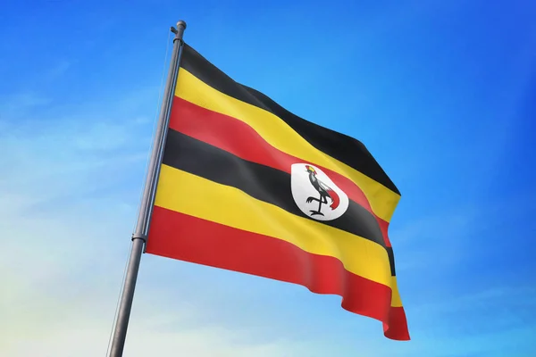 Bandeira Uganda Acenando Céu Azul Vento — Fotografia de Stock