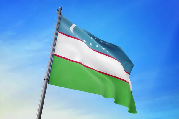 Bandera Uzbekistán Ondeando Cielo Azul Viento — Foto de Stock