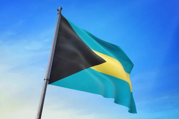 巴哈马国旗在蓝天上随风飘扬 — 图库照片
