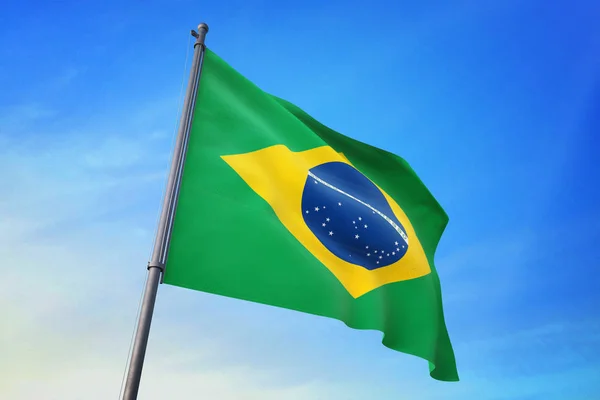 Βραζιλία Σημαία Κυματίζει Για Γαλάζιο Του Ουρανού Τον Άνεμο — Φωτογραφία Αρχείου