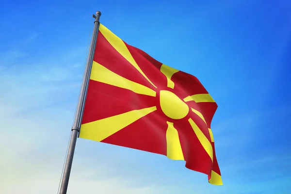 Macedonië Vlag Zwaaien Blauwe Lucht Wind — Stockfoto