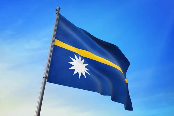 Nauru Flagge Weht Blauen Himmel Wind — Stockfoto