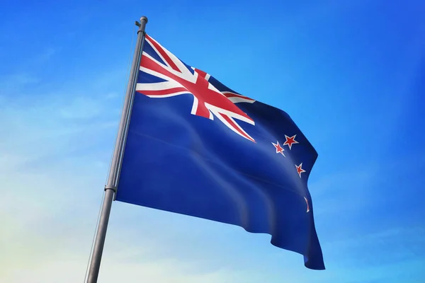 New Zealand Flag Waving Blue Sky Wind — Stock Photo, Image