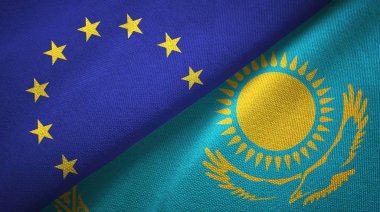 Avrupa Birliği ve Kazakistan bayrakları birlikte ilişkiler tekstil kumaş, kumaş doku