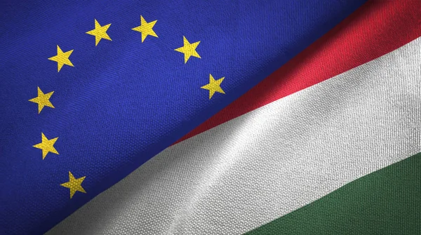 European Union and Hungary flags together relations textile cloth, fabric texture