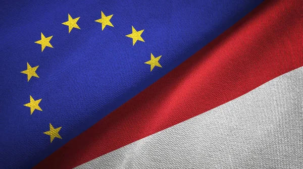European Union and Indonesia flags together relations textile cloth, fabric texture