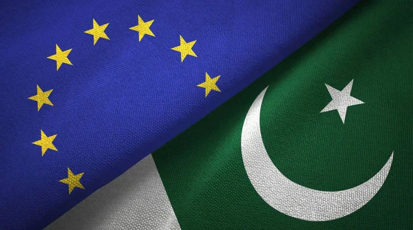 European Union and Pakistan flags together relations textile cloth, fabric texture