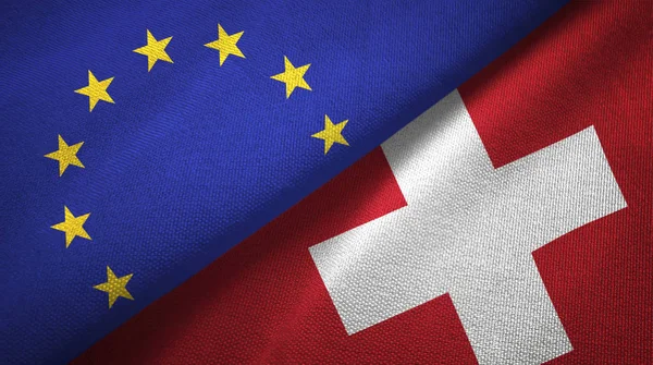Unión Europea Suiza Banderas Juntas Relaciones Tela Textil Textura Tela — Foto de Stock