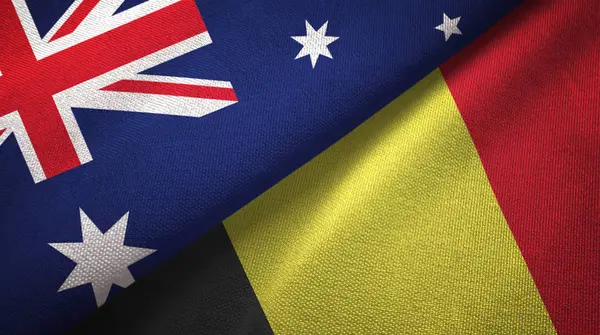 Australia Belgium Flags Together Relations Textile Cloth Fabric Texture — Stock Photo, Image