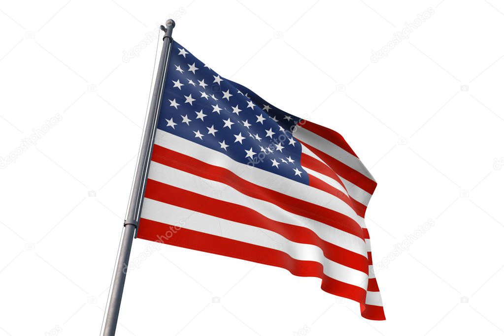 United States flag waving isolated white background on the wind