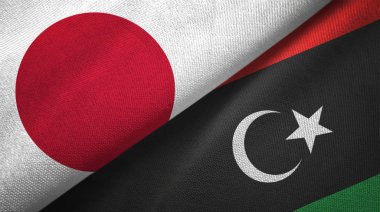 Japonya ve Libya bayrakları birlikte tekstil kumaş, kumaş doku