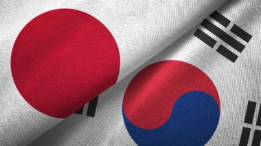 Japonya ve Güney Kore bayrakları birlikte tekstil kumaş, kumaş doku