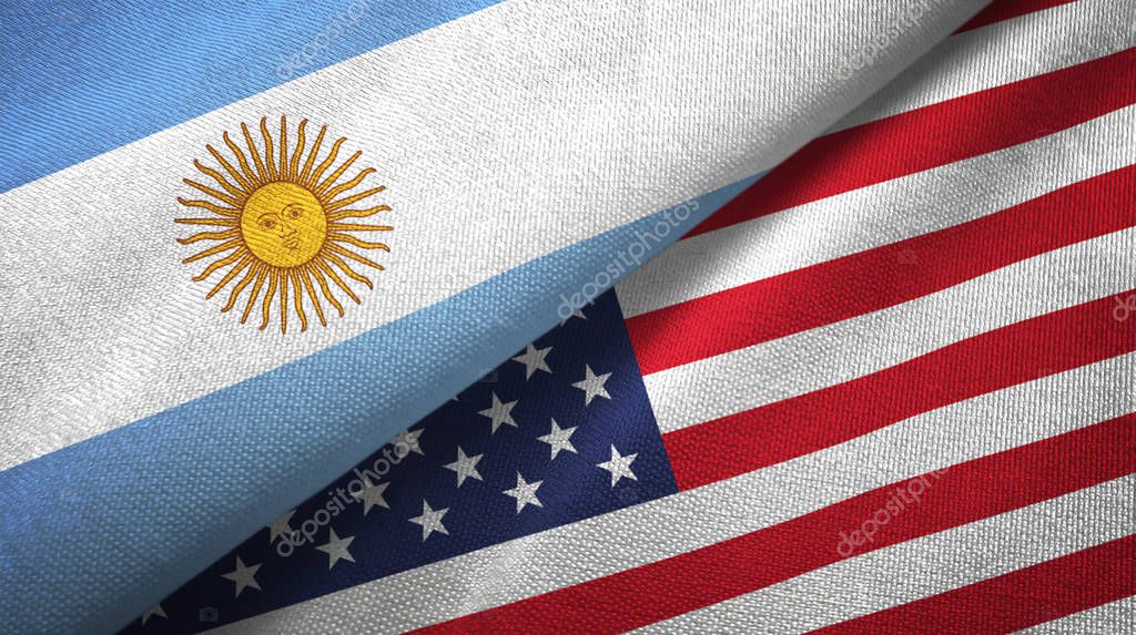 Argentina and United States flags together relations textile cloth, fabric texture