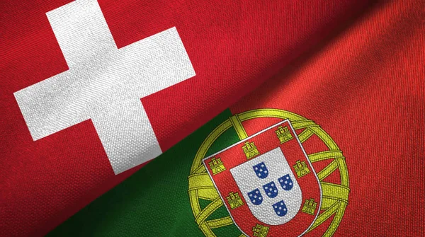 Switzerland and Portugal flags together relations textile cloth, fabric texture