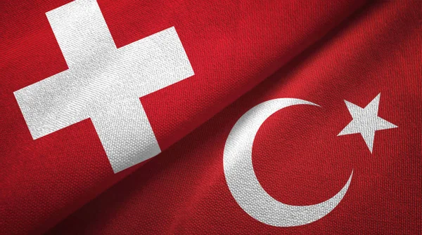 Switzerland and Turkey flags together relations textile cloth, fabric texture