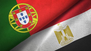 Portekiz ve Mısır bayrakları birlikte ilişkiler tekstil kumaş, kumaş dokusu. Metin Mısır bayrak anlamına gelir - Mısır Arap Cumhuriyeti