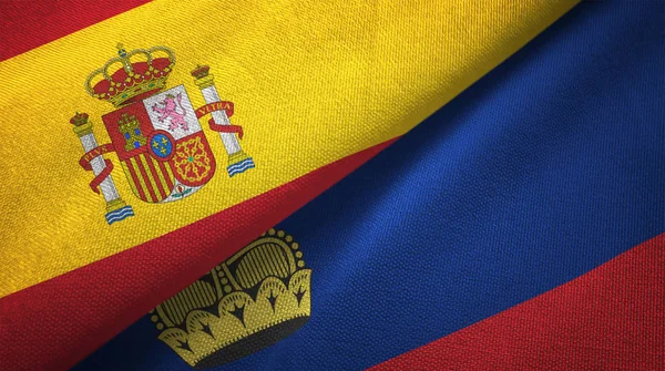Spanya Liechtenstein Bayrakları Birlikte Ilişkiler Tekstil Kumaş Kumaş Doku — Stok fotoğraf