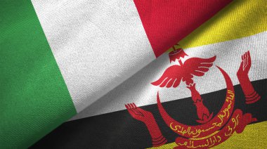 İtalya ve Brunei Darussalam bayrakları birlikte ilişkiler tekstil kumaş, kumaş dokusu. Metin brunei bayrağı anlamına gelir - her zaman Tanrı'nın rehberlik hizmetinde