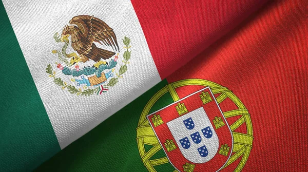 Mexico and Portugal flags together textile cloth, fabric texture