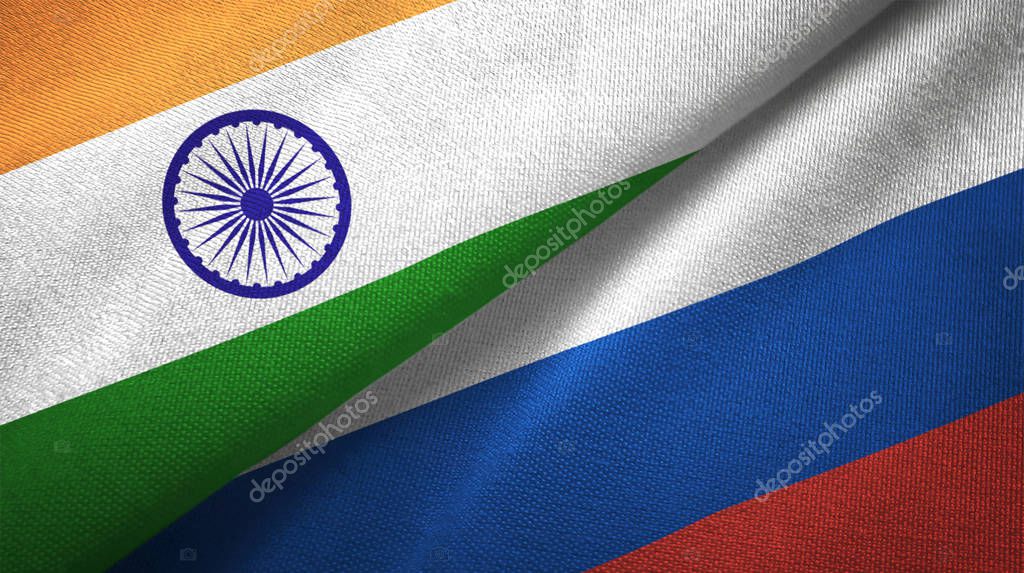 India and Russia flags together relations textile cloth, fabric texture