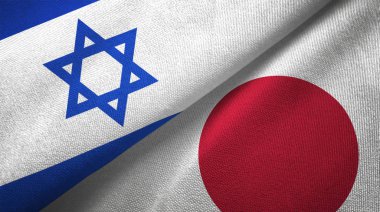 Japonya ve İsrail bayrakları birlikte tekstil kumaş, kumaş doku