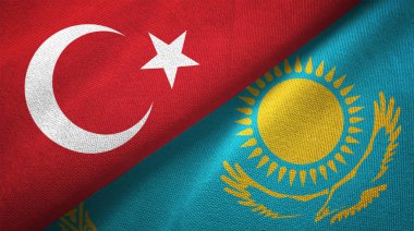 Türkiye ve Kazakistan bayrakları birlikte tekstil kumaş, kumaş doku