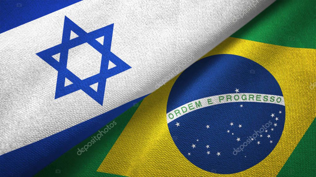 Israel and Brazil flags together textile cloth, fabric texture