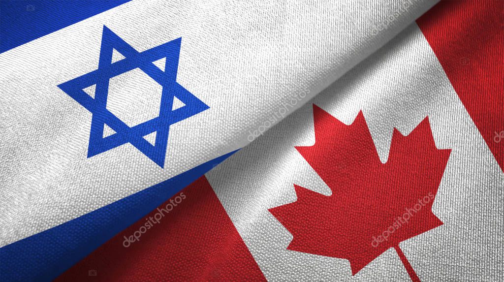 Israel and Canada flags together textile cloth, fabric texture
