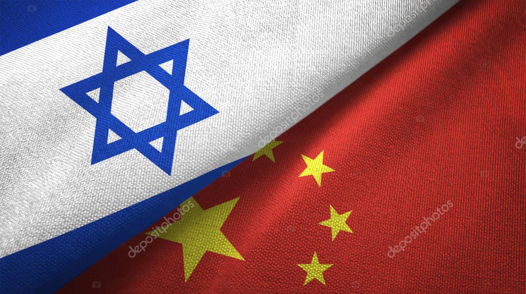 Israel and China flags together textile cloth, fabric texture