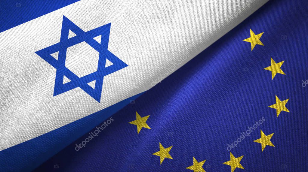 Israel and European Union flags together textile cloth, fabric texture