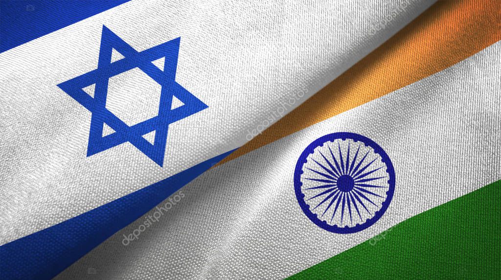 Israel and India flags together textile cloth, fabric texture
